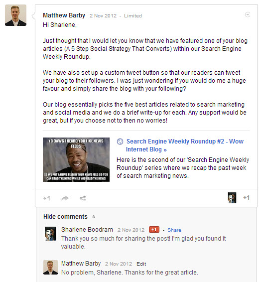 Matthew Barby Google Plus Post