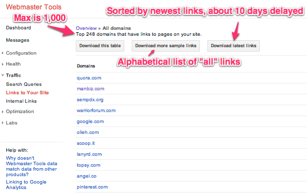 google webmaster tools links to site
