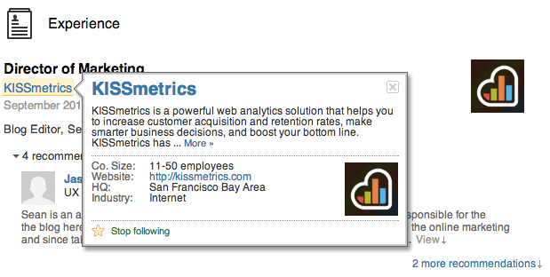 linkedin page on profile