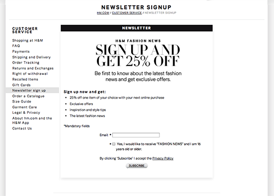 email open rates: H&M newsletter signup example