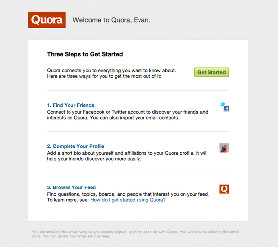 Quora welcome email example