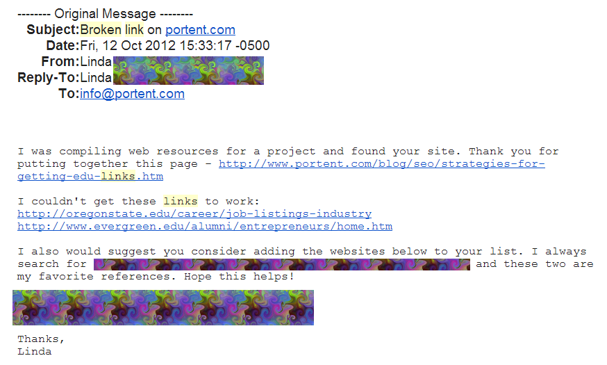 Failed broken link building email attempt
